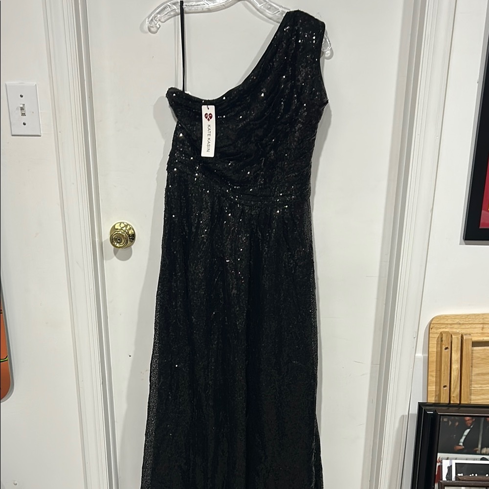 Sequin One-Shoulder Evening Gown - Black
